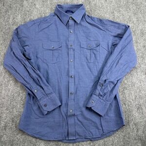 Teddy Stratford Shirt Men Size 3 Blue Zipper Button Up Double Pocket Long Sleeve